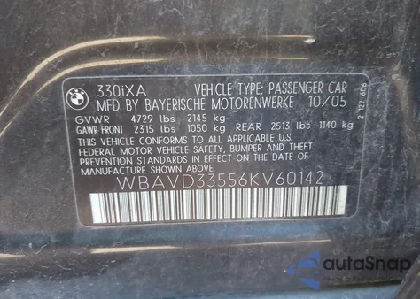 2006 BMW 330Xi из США, поврежденный, VIN WBAVD33556KV60142